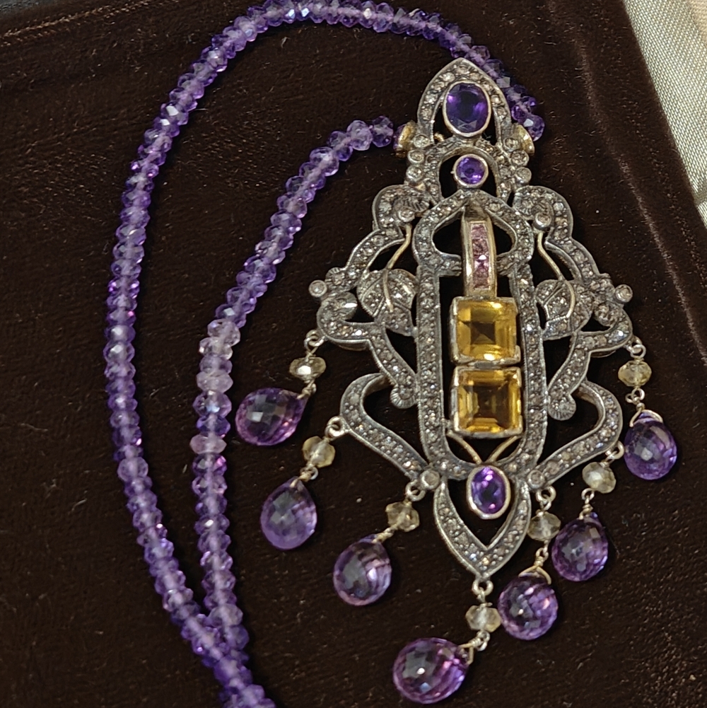Antique Edwardian Style Lavaliere Necklace Diamonds Amethyst Citrine Silver Gold